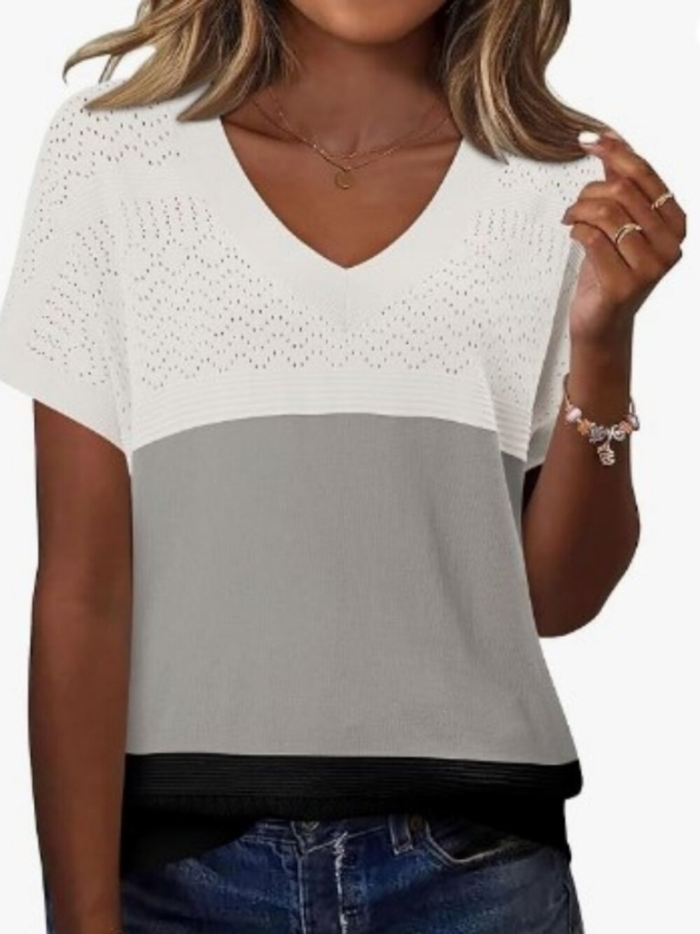 Casual Ribbed Knit Trendy Eyelet Blouse White Black Size XL Brand New
